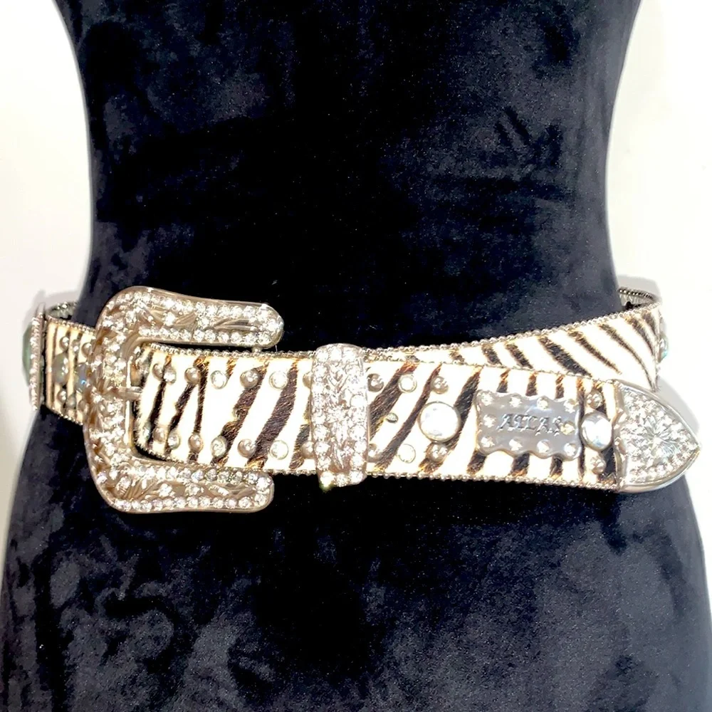 Zebra Leather Cowhide Rhinestone Western Belt Crystal Embellishment